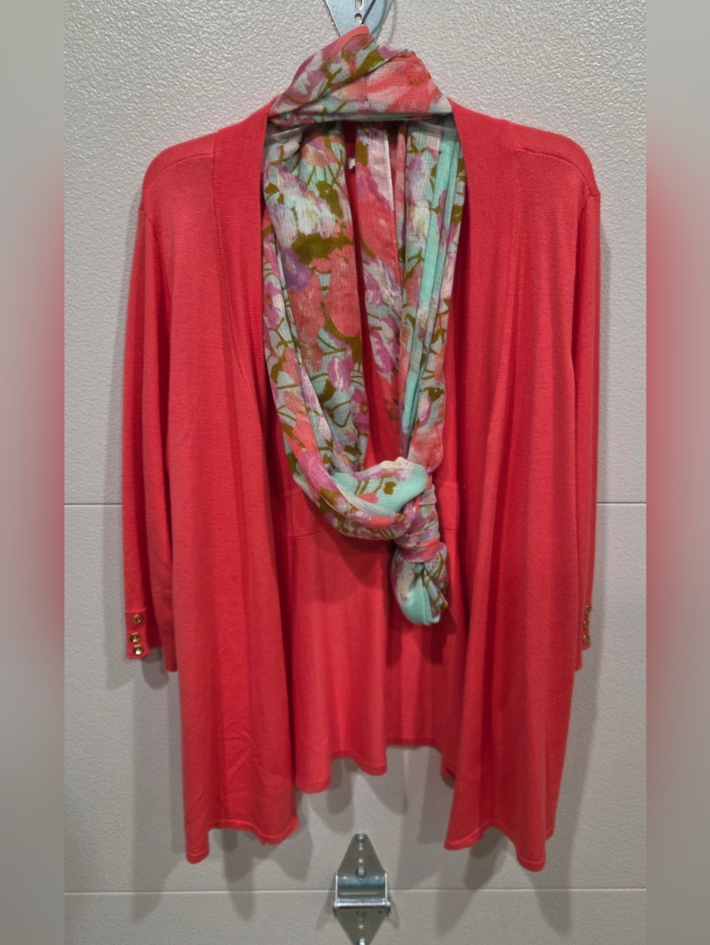 Charter Club CORAL Open Front Cardigan with Floral Scarf  Size 1X